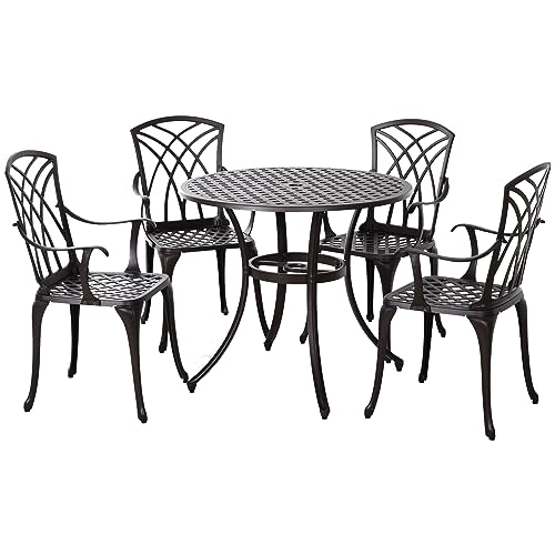 Outsunny 5 Pieces Garden Dining Set for 4, Cast Aluminium Outdoor Dining Set with 4 Armchairs and Round Dining Table with Parasol Hole, Garden Furniture Bistro Set, Brown
