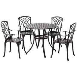 Outsunny 5 Pieces Garden Dining Set for 4, Cast Aluminium Outdoor Dining Set with 4 Armchairs and Round Dining Table with Parasol Hole, Garden Furniture Bistro Set, Brown