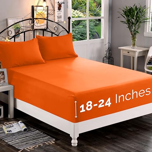 Elegant Comfort 1500 Premium Quality Fitted Sheet Ultra Soft 18-24 Inch Extra Deep Pocket - Single Fitted Sheet for High Mattress - Wrinkle Free with Smart Storage Pockets, California King, Orange