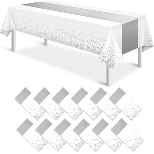 MASHAN 12Pcs White Silver Tablecloth Party Decorations,Plastic White Table Cloth Printed Silver Runner Disposable Rectangle Table Cover for Birthday Wedding Anniversary Graduation Party,54 x108 Inch