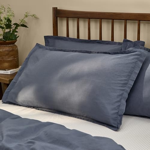 Yard Hebden Washed Cotton Pillowcase Pair – Soft Relaxed Percale Minimalist Pillow Covers (Denim Blue – 75x50cm)