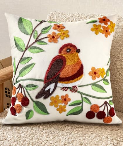 Kokaaee Embroidered Throw Pillow Cover - 18x18 Decorative Pillow Cover with Zipper Aesthetic Cute Design Boho Summer Linen Throw Pillowcase for Living Room Couch Sofa Bed, Tree Bird