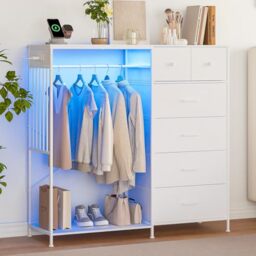 "GarveeLife 49.2"" w Drawer Cabinet with Hanging Rod - Metal Frame Drawer Cabinet, 6 Drawer Storage Cabinet, Led Lights & Charging Station, Non-Woven Fabric, Space-Saving Storage, White"