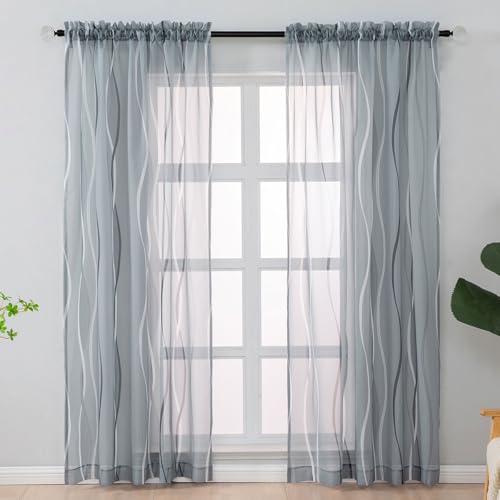 L.Z.E Grey and White Sheer Curtains 72 Inch Length for Living Room 2 Panels Set, Short Voile Sheer Curtains & Drapes for Bedroom Dining Room Kids Room Rod Pocket Wave Pattern Window Sheers (55W x 72L)