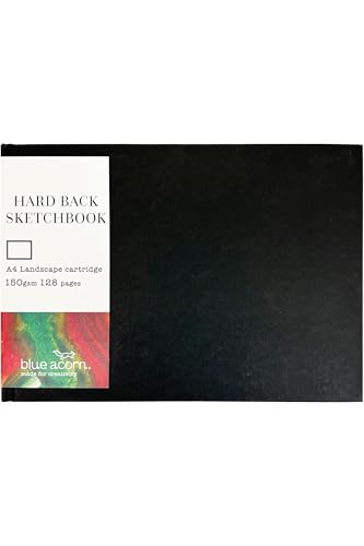 BLUE ACORN - A4 Landscape Hardback Sketchbook - 64 Sheets 150gsm Multipurpose Cartridge Paper - Black Cover with Page Marker - Ideal for Light Washes of Paint, Pencils & Sketching
