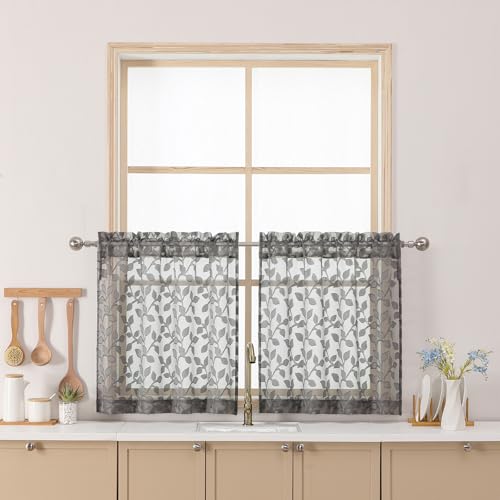 "Chyhomenyc Charcoal Grey Sheer Curtains 24 Inch Length, Light Filtering Leaf Tufted Textured Small Kitchen Curtain Over Sink, Short Half Window Curtains for Bathroom Basement, 30"" Wx24 L, 2 Panels"