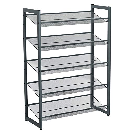 SONGMICS Shoe Rack, 5-Tier Stackable Shoe Storage Shelf, Metal Shoe Organiser with Adjustable Flat or Angled Shelves, 30.5 x 74 x 103.8 cm, Holds 15-20 Pairs, Cool Gray LMR005GB