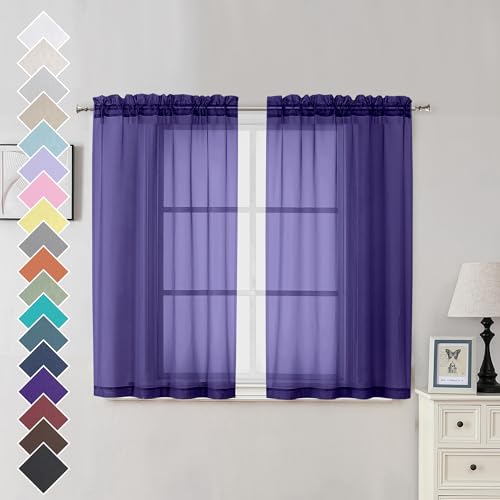 OVZME Purple Sheer Curtains 45 Inches Long 2 Panels, Light Filtering Sheer Panels for Kitchen, Elegant Airy Transparent Draperies for Living Room Nursery Room, Dual Rod Pocket, Each 42Wx 45L