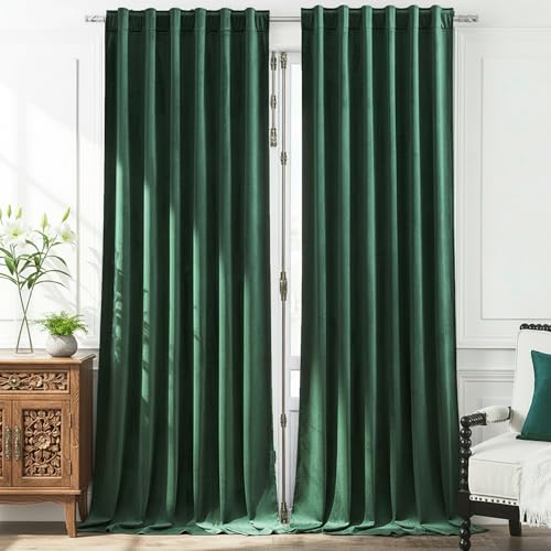 Timeper Dark Green 120 Inch - Extra Long for High Ceiling Decorative Super Soft Velvet Thermal Blackout Curtain Panel Drapes Sound Reducing, Rod Pocket Back Tab, Dark Green, 52Wx 120L, 2 Panels