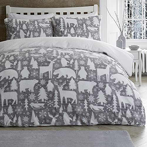 Fusion Arctic Animals Duvet Cover Double Bed Teddy Fleece Winter Bedding (200x200cm) – 2 Pillowcases – Polar Bear, Deer & Penguin Design – Soft Christmas Decorations, Grey