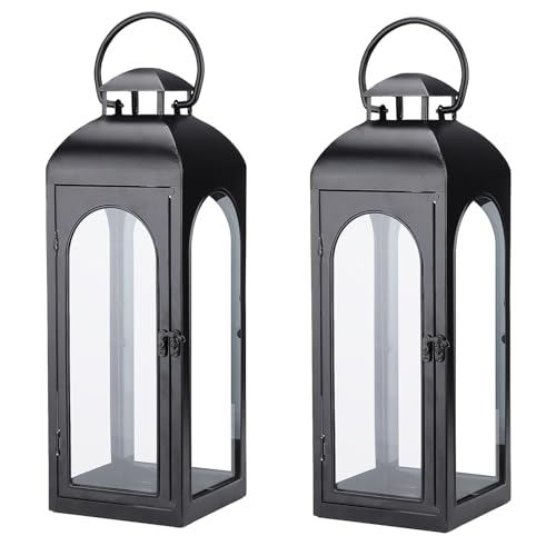 2 Pack Large Luxury Lantern Decorative Tall 20 Inches Black Metal Hurricane Lanterns with Clear Glass Panels for Front Porch,Tabletop, Mantle, Wall Hanging, or Garden Display, Indoor & Outdoor Use