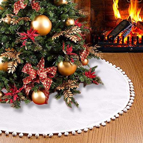 SevenFish Plain White Christmas Tree Skirt, 30 inches Small Soft Double Layer Burlap Farmhouse Tree Skirt with Pom Pom for Rustic Christmas Decorations