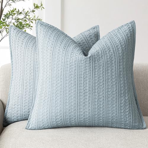 Foindtower Set of 2 Decorative Cotton Waffle Weave Throw Pillow Covers Euro Shams Cushion Covers Accent European Pillowcase for Bed Couch Sofa Bedroom Living Room Home Decor 26??26 Inch Light Blue