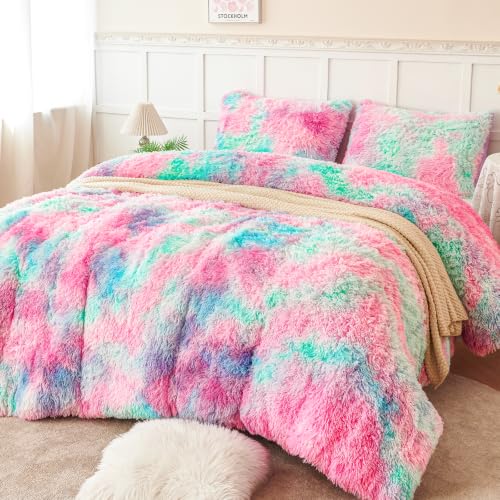 PERFEMET Fluffy Full Size Comforter Sets for Girls 3Pcs Luxury Soft Pink Blue Faux Fur Comforters for Kids Teens Warm Cozy Tie Dyed Velvet Fuzzy Plush Bedding Set(Pink Blue, Full)