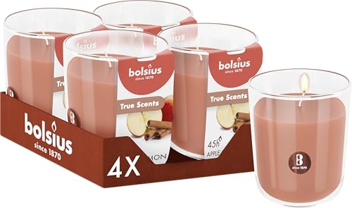 Bolsius - Apple Cinnamon - Brown - Set of 4 Scented Candles - 3.8″ × 3.3″ - Burn time: 45 Hours - with Natural extracts - Natural Vegetable Wax - Palm Oil Free