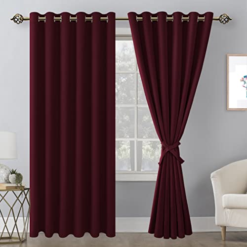 Hiasan Grommet Blackout Curtains for Bedroom, 70 x 84 Inches - Thermal Insulated & Light Blocking Window Drapes for Living Room/Dorm Room, Set of 2 Panels Sewn with Tiebacks, Burgundy