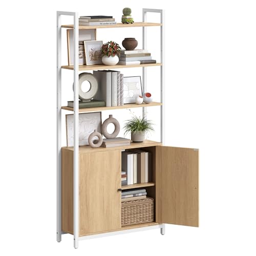 VASAGLE 6 Tier Vertical Bookcase with Door, Metal Frame, Adjustable Shelves, 24 x 60 x 159 cm, for Living Room, Bedroom, Oak Gold and Matt White LLS133YA01