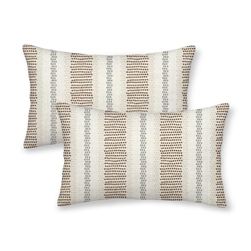 Brown Grey Gray Outdoor Pillow Covers 12 x 20 Inch, Beige Polka Dots Stripe Decor Throw Pillows for Couch Bed, Boho Modern Farmhouse Decorative Pillowcase Linen Cushion Cover Set of 2