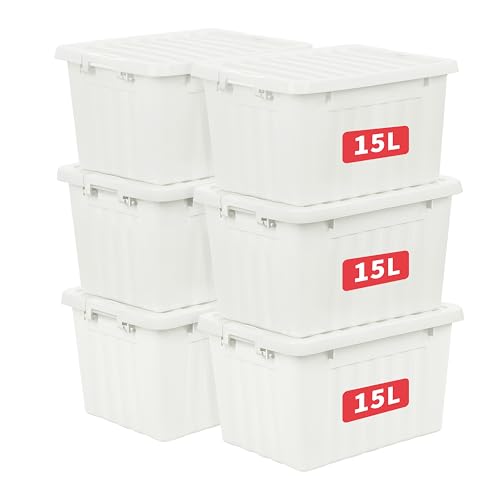 Cetomo 15L*6 Storage Boxes with Lids, Plastic Storage Box with Secure Side Latches, Stackable & Nestable Organizer for Home, Office, Moving, PP, White, 15L-6 Pack