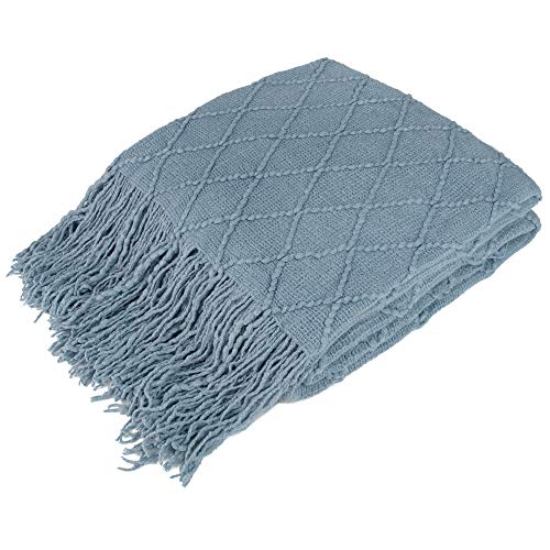 Knitted Throw Blanket Fringe Dusty Slate Light Blue Gray - Decorative Tassel Boho Farmhouse Decor Couch Bed Sofa Fall Outdoor - Woven Textured Afghan Lightweight Cozy Acrylic 60x80 Twin
