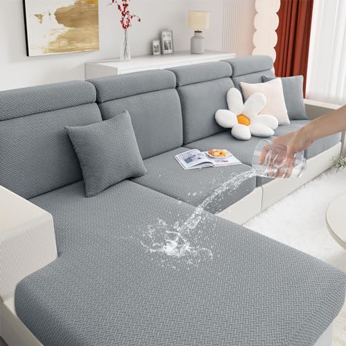 hyha Waterproof Couch Cushion Covers, Stretch Magic Sofa Covers Washable, Thick Jacquard Fabric, Waterproof Sofa Couch Covers for 3 Cushion Couch Sofa for Pets (Back Cover M, Light Grey)