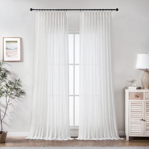 "WEST LAKE White Pinch Pleat Sheer Curtains 84 Inches Length - French Pleat Linen Texured Drapes for Bedroom Living Room,Rustic Lightweight Window Treatment with Backtabs Hooks,60""Wx84""Lx2"