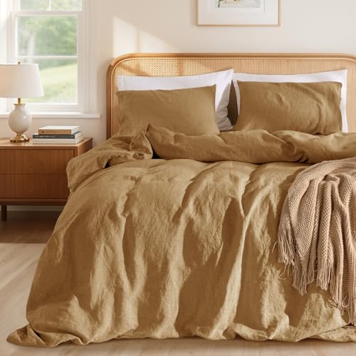 LBRO2M 100% France Linen Duvet Cover Set Queen Size 3 Pcs Natural Flax Comforter Cover with Zipper Closure 2 Pillowcase Breathable Duvet Cover (Rust Queen)
