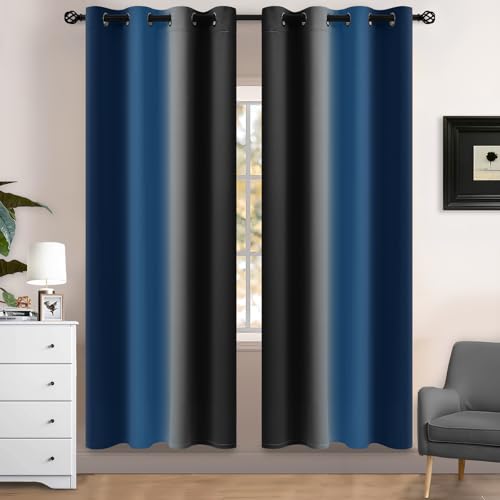 Yakamok Blackout Ombre Dark Blue and Black Curtains for Bedroom, Gradient Room Darkening Curtains, Grommet Thermal Insulated Light Blocking Window Drapes/Curtain for Living Room,52 x 72 Inch,2 Panels