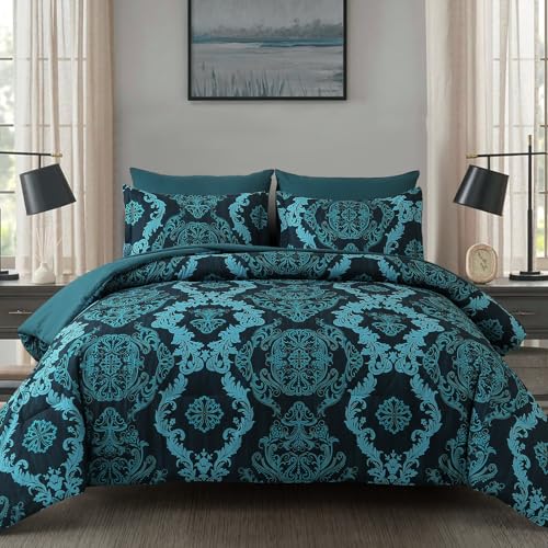 WONGS BEDDING Teal 7 Pieces Comforter Set Damask Comforter Bedding Set-YS01AB091354K7U-A