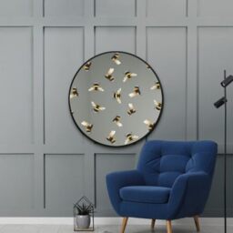 "MirrorOutlet The Typis - Black Metal Frame Edged Modern Round Circular Edge Wall Mirror With Bumble Bee Design 31""x31"" (80CM X 80CM) Silver Mirror Glass with Black Frame"