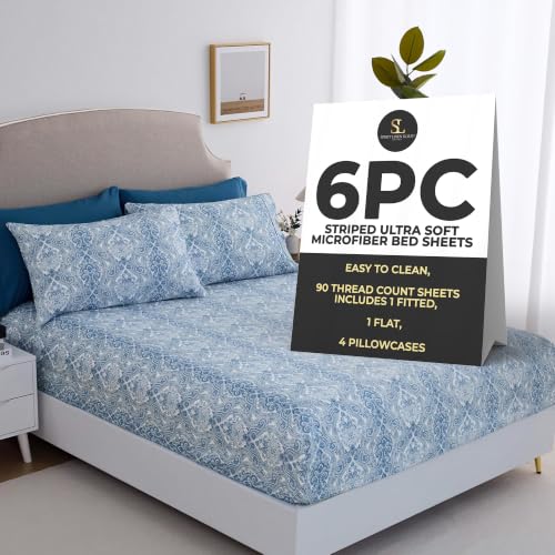 Spirit Linen Home 6-Piece Soft Bed Sheet Set - Queen, Cornett Blue Paisley - Deep Pocket Soft and Breathable Microfiber Material Bed Sheets with 1 Fitted Sheet, 1 Flat Sheet, and 4 Pillowcases included