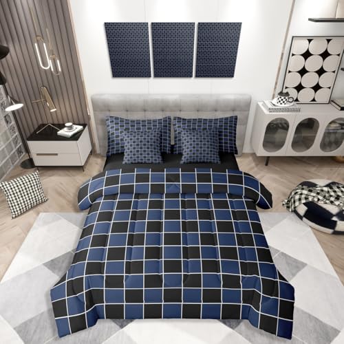Erosebridal Navy Blue Checkered Boys Twin Bedding Black Blue Plaid Comforter Set with Sheets 7 Piece-for Kids Teen Men Bedroom Geometric Gingham Grids Bed in A Bag-Soft Lightweight for All Season