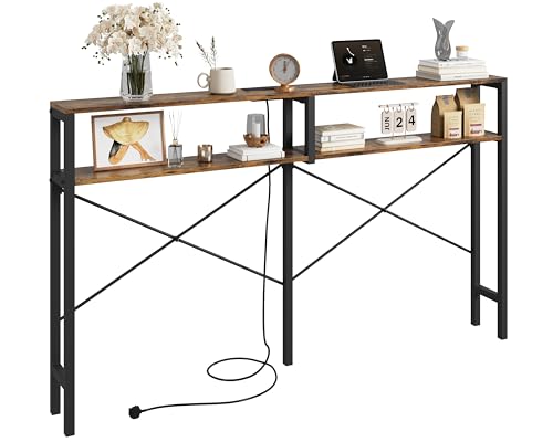 IRONCK Console Table with Power Outlet, 2-Tier Slim Sofa Table, 180 cm Narrow Behind Sofa Couch Table, 2 USB Ports, Long Hallway Table for Entryway, Living Room, 180x20x104cm, Rustic Brown Black