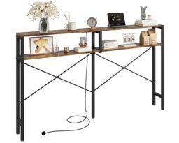 IRONCK Console Table with Power Outlet, 2-Tier Slim Sofa Table, 180 cm Narrow Behind Sofa Couch Table, 2 USB Ports, Long Hallway Table for Entryway, Living Room, 180x20x104cm, Rustic Brown Black