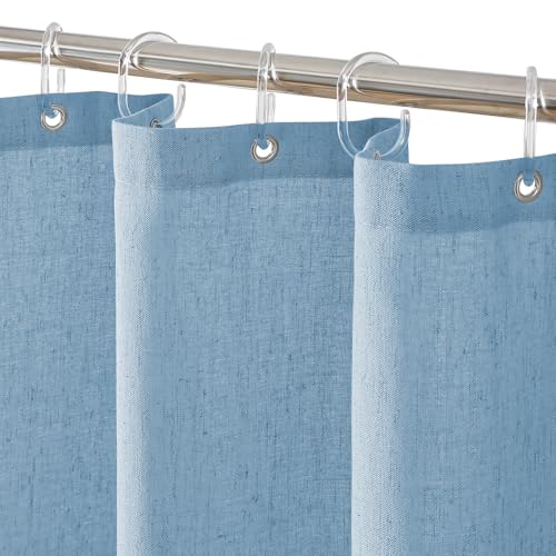 "QIYI Linen Shower Curtain for Bathroom, Waterproof & Heavy Duty Fabric Shower Curtain Set with 12 Clear Hooks, Neutral Boho Farmhouse Decorative Cloth Bath Curtain Liner, 72""x72"", Fog Blue"