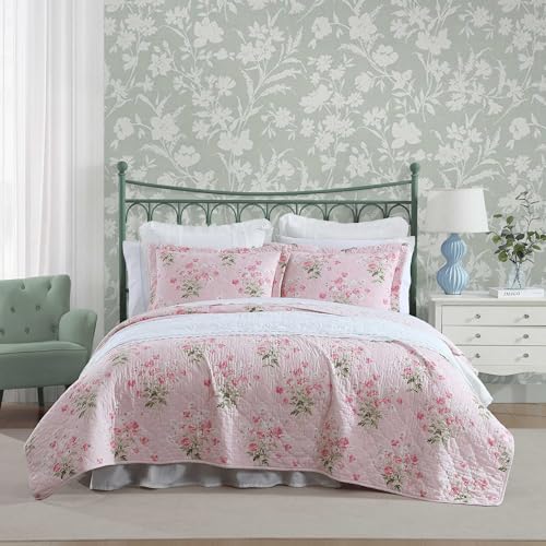 Laura Ashley Veronica's Bouquet Quilt Set, Pink, Twin - Breathable Premium Bedding with Matching Sham