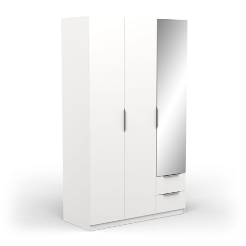 Demeyere 391369 Armadietto Guardaroba con Specchio e Armadio Moderno a 3 Ante 2 cassetti 4 nicchie – Colore Bianco Opaco – 119,4 x 51,1 x 203 cm, Legno ingegnerizzato, Grigio