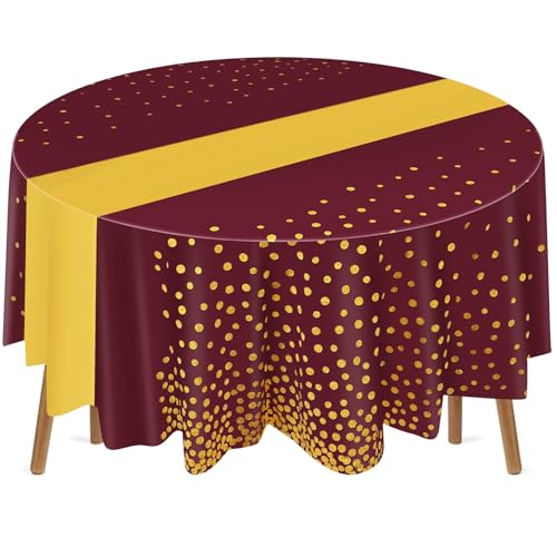 Newwiee 84 Inch Polka Dot Round Disposable Tablecloths Plastic Tablecover Plastic Tablecloth with Runner Printed for Prom Graduation Wedding Spring Birthday Party(Maroon,3 Pcs)