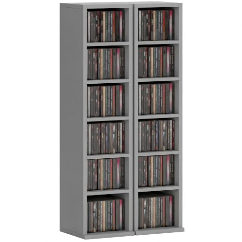 HOMCOM 204 CD Storage Units Set of 2 DVD Tower Rack Light Grey - Blu-Ray, Bookcase Storage Organiser, Adjustable Shelves