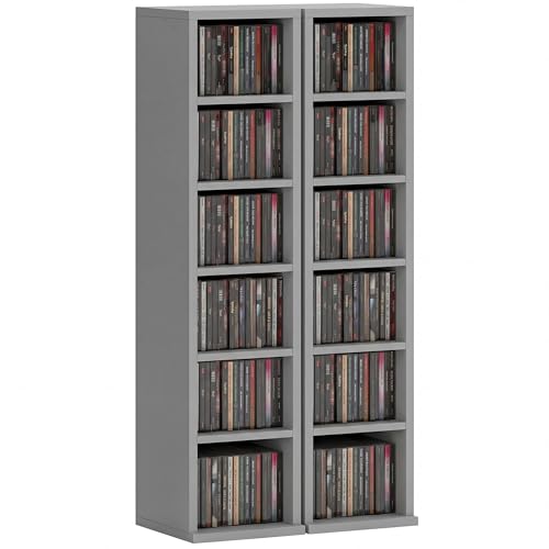 HOMCOM 204 CD Storage Units Set of 2, Blu-Ray Tower Rack with Adjustable Shelves, Bookcase Storage Organiser, Light Grey