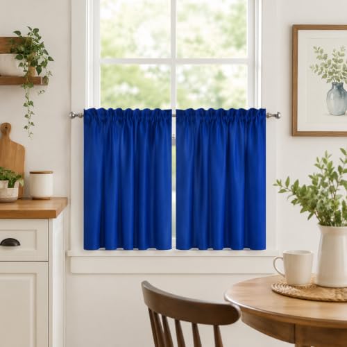 Aquazolax Blue Kitchen Window Curtain 36 Inch Length Caf?? Curtain for Bedroom Living Room Bathroom, 2 Panels of Rod Pocket Design Drapes, 28 Inch Wide, Royal Blue