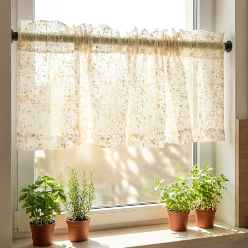 "Horaldaily Beige Sheer Valance Curtains for Living Room and Bedroom, Gold Sequin Glitter Metallic Foil, Scenery Light Filtering Window Curtains, 52"" W x 14"" L, Set of 2 Curtain Panels"