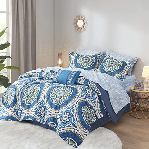 "Madison Park Essentials Serenity Bed in a Bag Comforter Set, Medallion Damask Design, All Season Bedding with Cotton Sheet Set, Bedskirt, Cal King(104""x92""), Blue 9 Piece"
