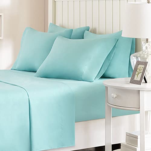 "Comfort Spaces Microfiber Bed Sheets Set 14"" Deep Pocket, Wrinkle Resistant, All Around Elastic - Year-Round Cozy Bedding Sheet, Matching Pillow Cases, King, Aqua 6 Piece"