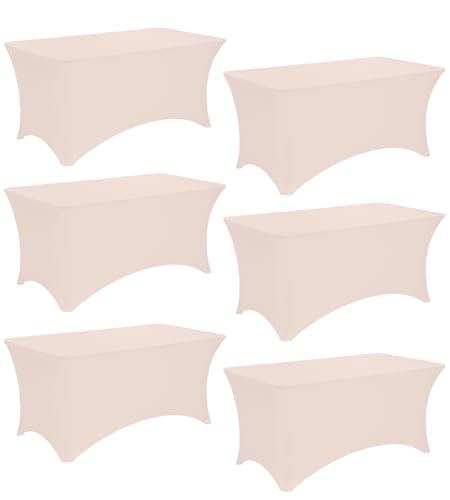 JALANCY 6 Pack 6FT Spandex Table Covers Washable Wrinkle Resistant Fitted Rectangle Tablecloth for Folding Table Wedding Party Birthday Banquet Bar Events???Cameo Brown???