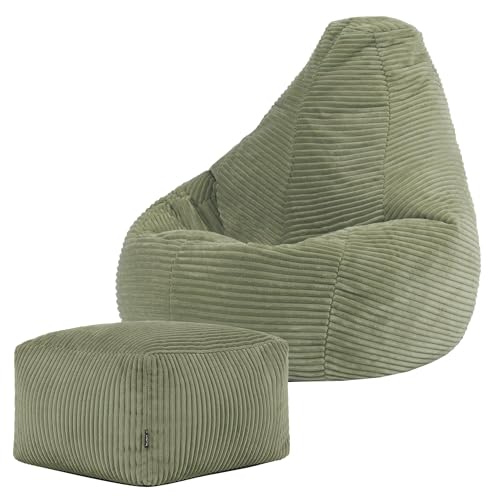 icon Dalton Kids Bean Bag and Footstool, Sage Green, Cord Kids Bean Bag Chair with Filling Included for Girls and Boys, Childrens Chair, Beanbags for Children, Playroom Décor, Bedroom Accessories