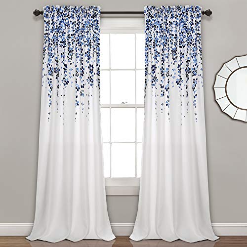 "Lush Decor Weeping Flowers Darkening Window Curtains Panel Set for Living, Dining Room, Bedroom (Pair), 52"" W x 84"" L, Navy & Blue"