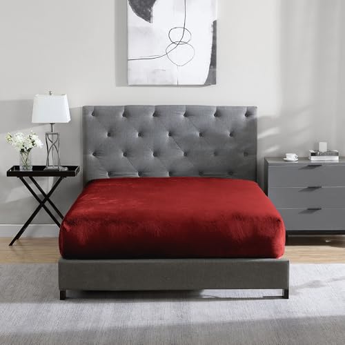 "Cathay Home Full Flannel-Plush Fur Fitted Sheet - Ultra Soft & Thick Plush Fur - All Season Cozy Warmth - 12"" Deep Pocket Fitted Sheet Only (Full, Burgundy)"