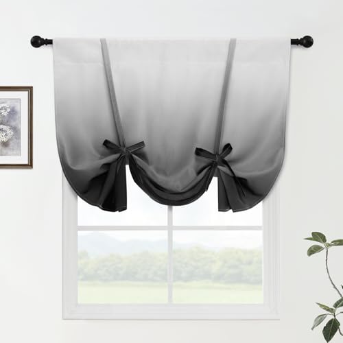 Yakamok Ombre Room Darkening Valance Curtains for Kitchen Window Tie Up Gradient Black to Grey White Thermal Insulated Balloon Shades for Bedroom Rod Pocket Short Curtain W34 X L48 Inches, 1 Panel