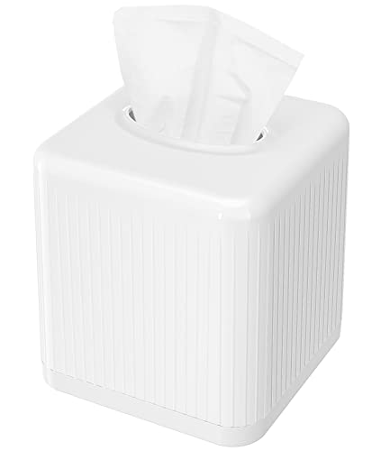 Livelab Tissue Box Cover With Base - Square Plastic Holder, Decorative Case, Modern Facial Paper Dispenser for Bathroom, Vanity Countertops, Night Stands, Desk - White